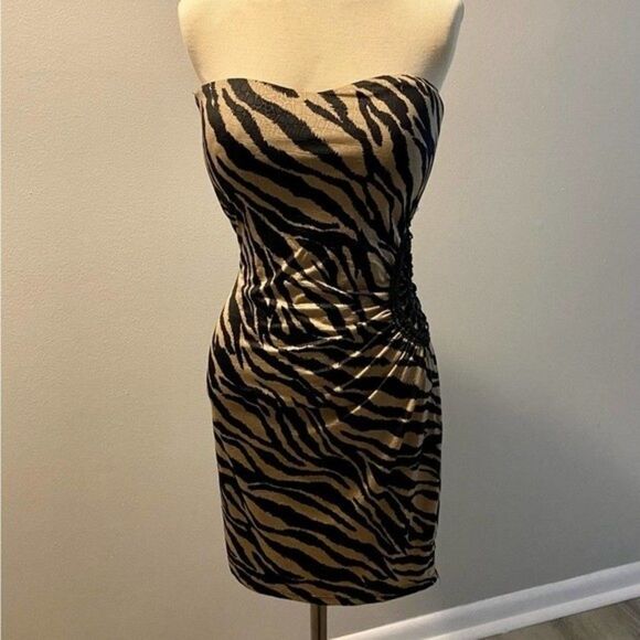 Dots Strapless Blk/Tan Bodycon Animal Print Mini Dress, Open Beaded side - Sz M - Picture 2 of 7